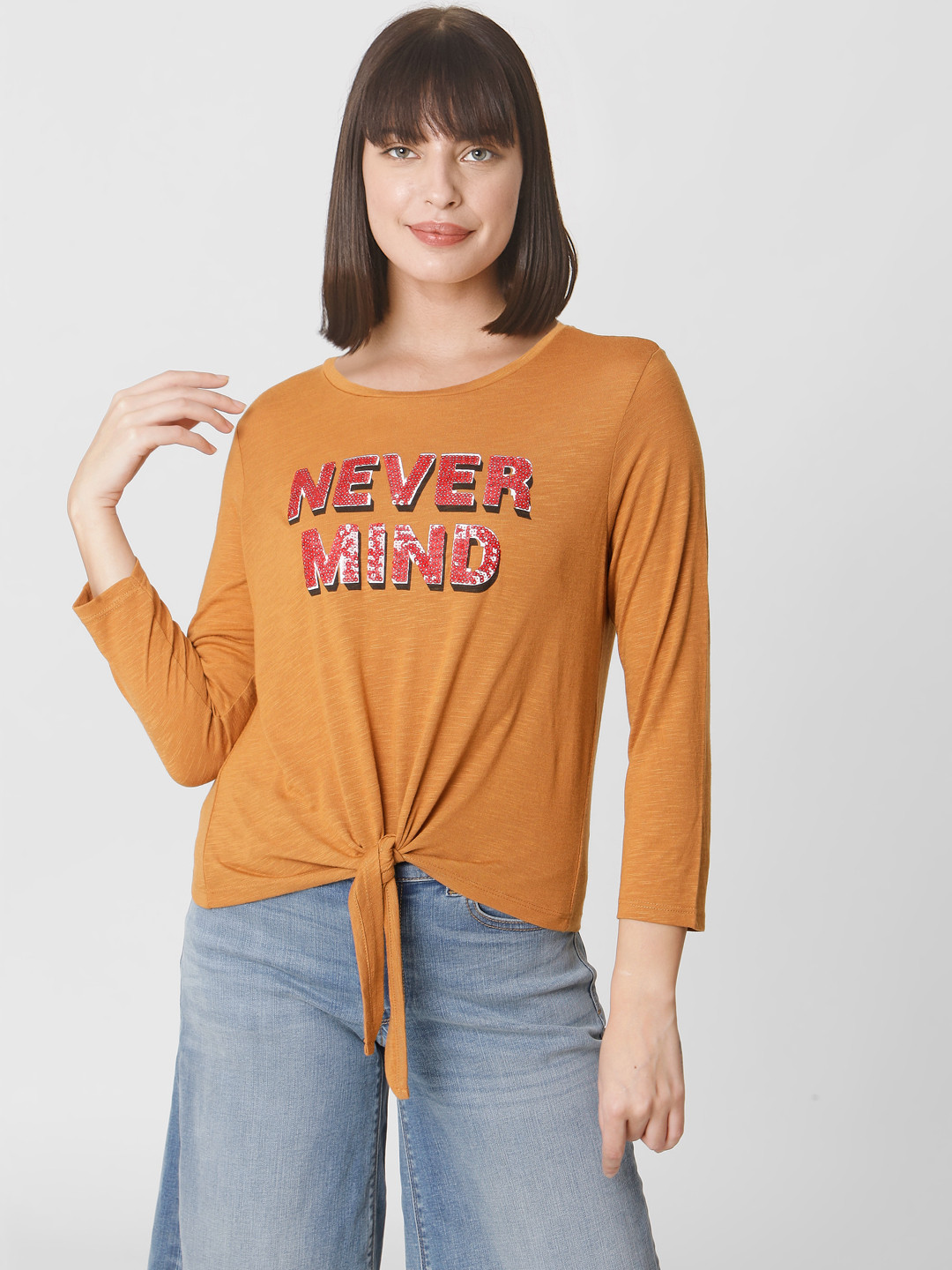 Vero Moda Women Camel Brown & Red Typography Print T-shirt with Waist Tie Up Detail