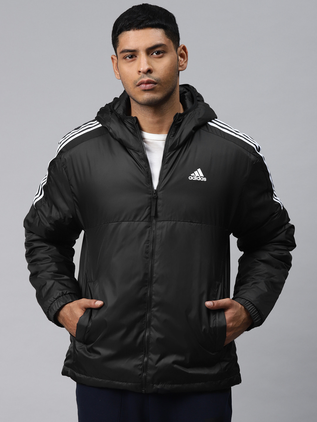 ADIDAS Men Black 3-Stripes Hooded Essential Insulated Outdoor Jacket