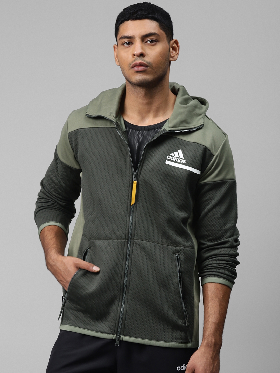 ADIDAS Men Green Self Design Z.N.E. Aeroready Full Zip Sweatshirt