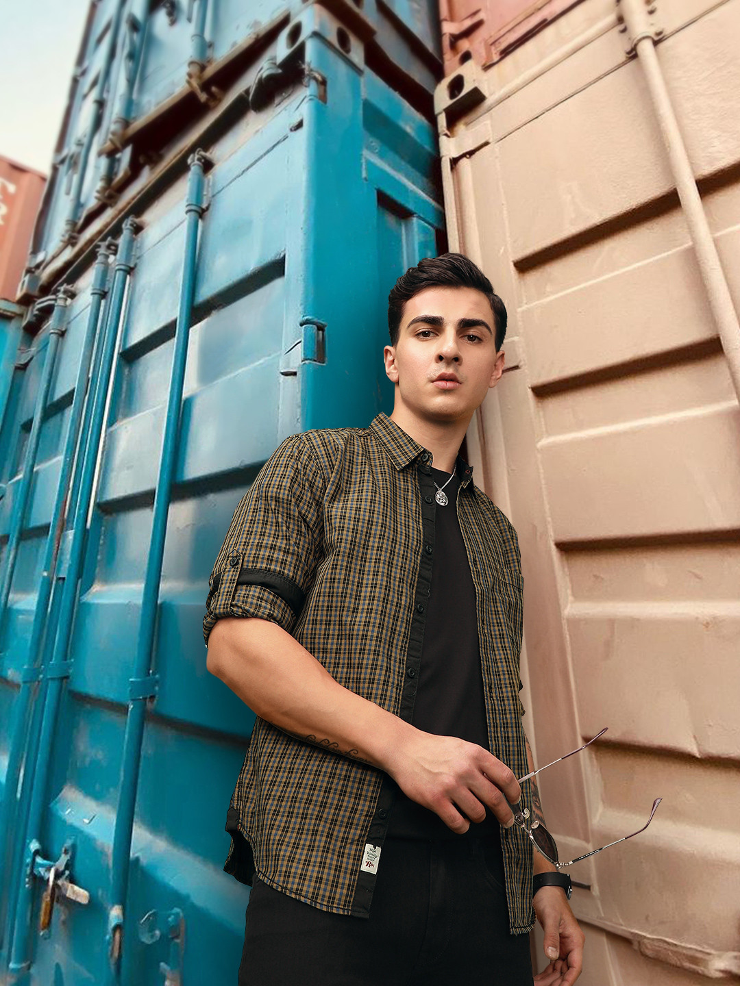 Roadster Men Olive Green & Blue Twill Checked Casual Sustainable Shirt