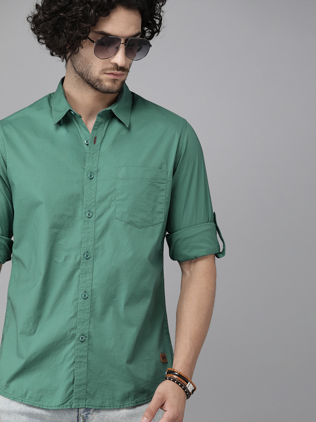 Roadster Green Slim Fit Casual Stretch Shirt