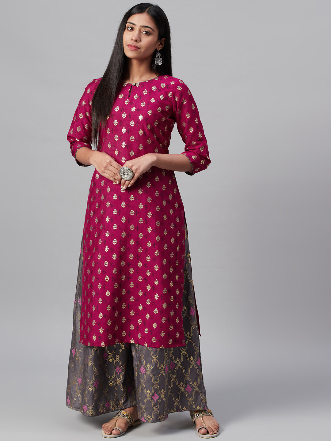 ZIYAA Women Pink & Charcoal Grey Foil Print Kurta with Palazzos