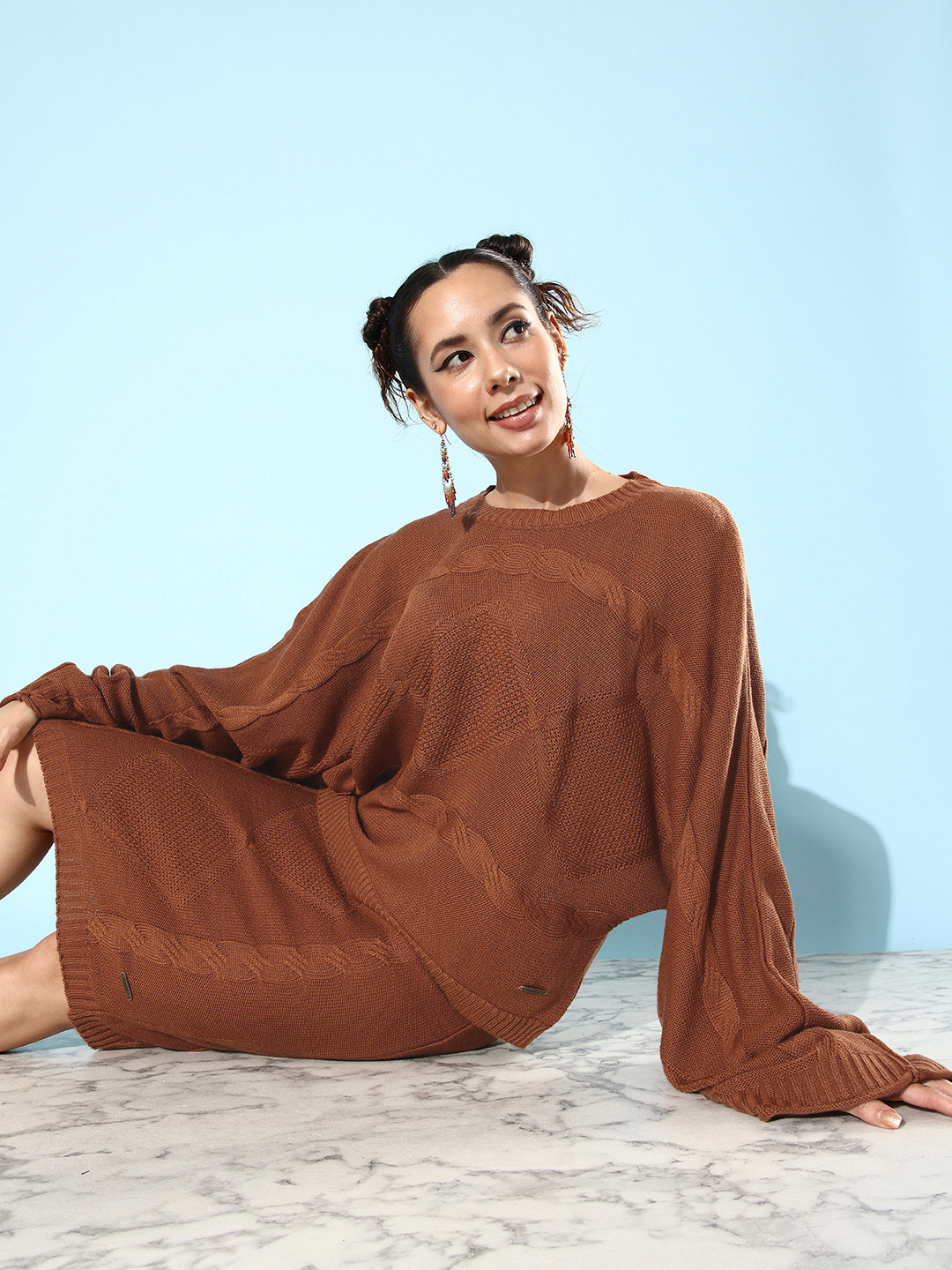 The Roadster Lifestyle Co. Women Rust Brown Knitted Retro Optimism Craftcore Co-Ord Set