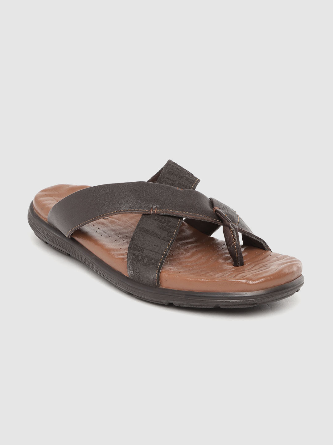 Woodland Men Coffee Brown Textured Leather One Toe Comfort Sandals