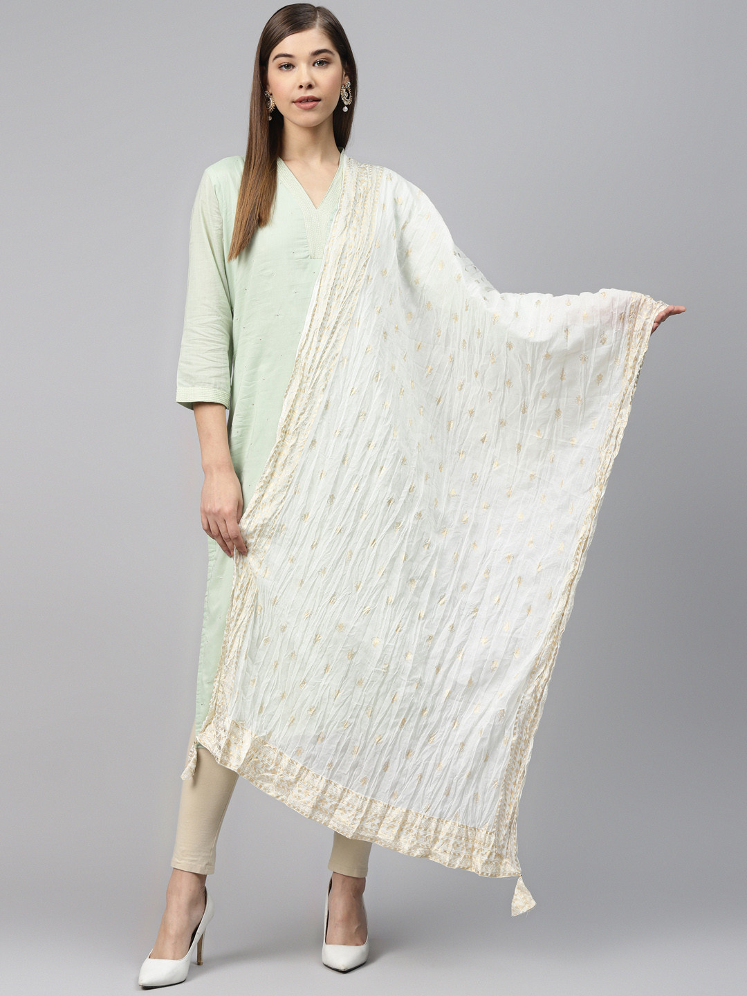 Biba Off-White & Golden Printed Crinkled Cotton Dupatta