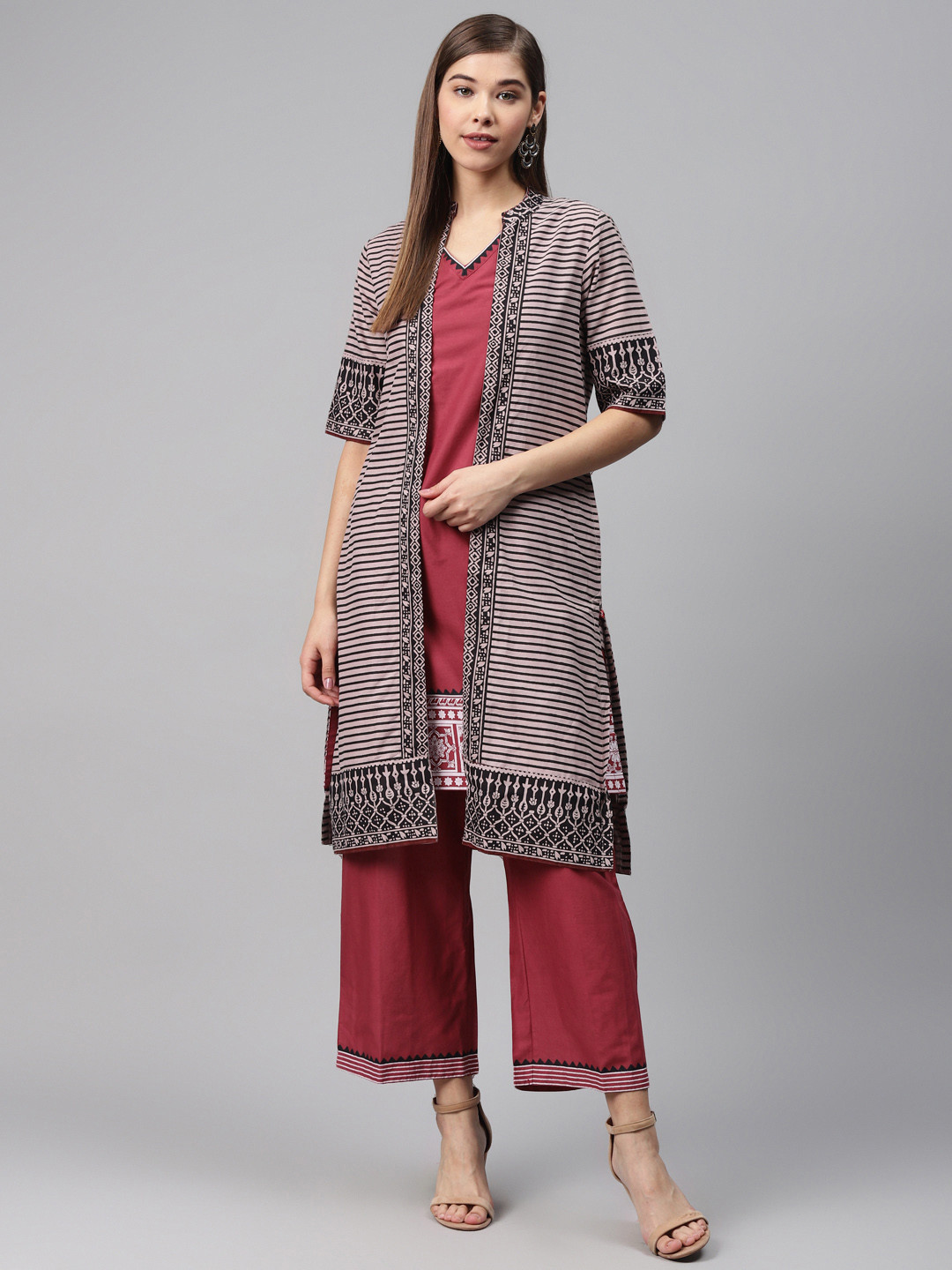 Biba Women Rust Red & Mauve Solid Kurta with Palazzos & Ethnic Jacket