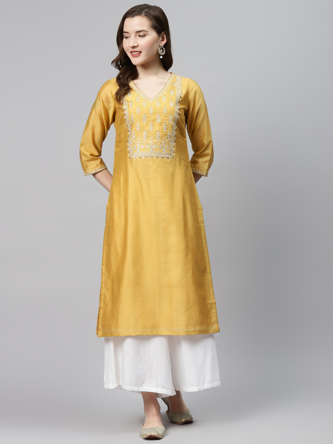 Biba Women Mustard Yellow Tepchi Embroidered Yoke Design Straight Kurta