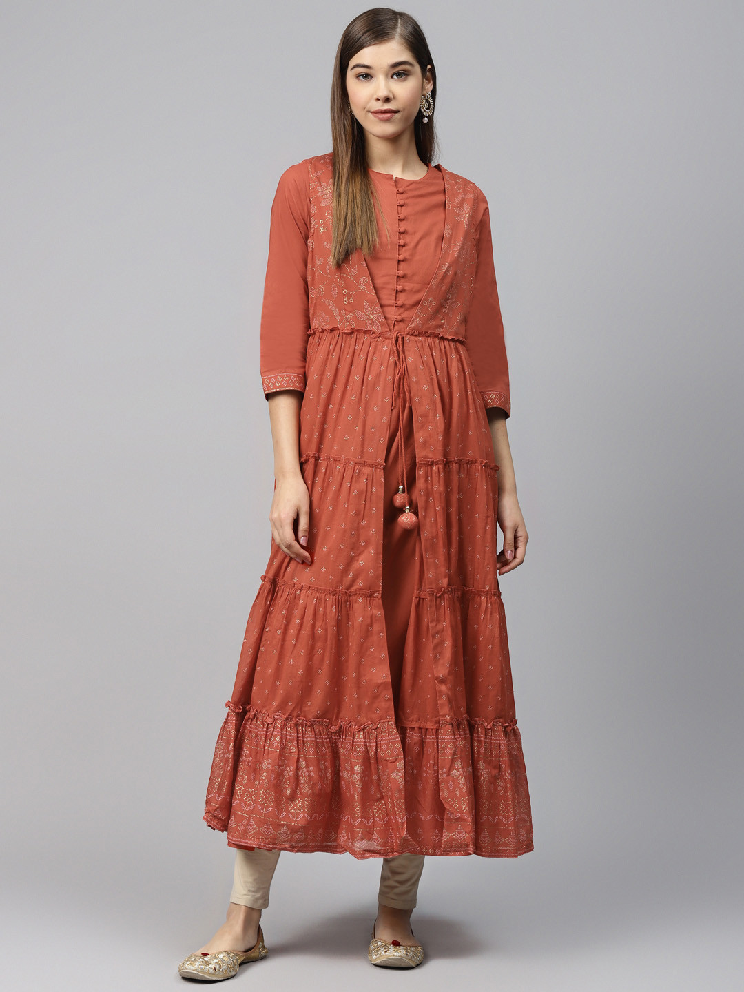 Biba Women Rust Red & Golden Printed Layered Anarkali Kurta
