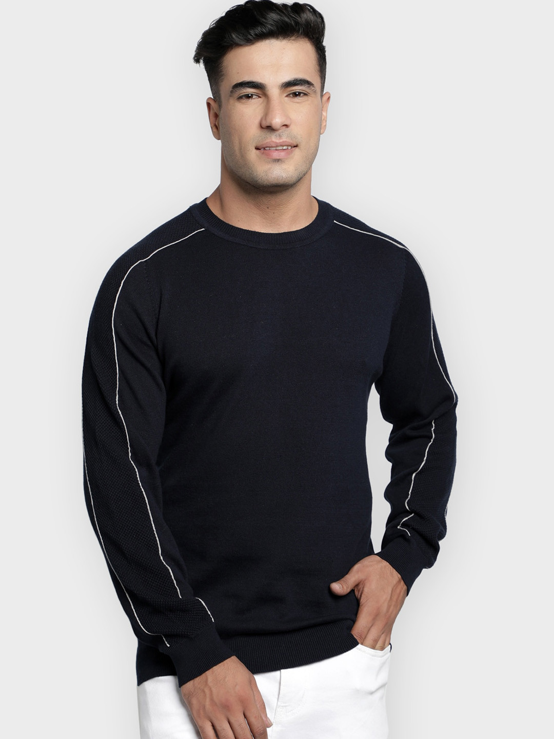 Red Tape Men Navy Blue Solid Pullover Sweater