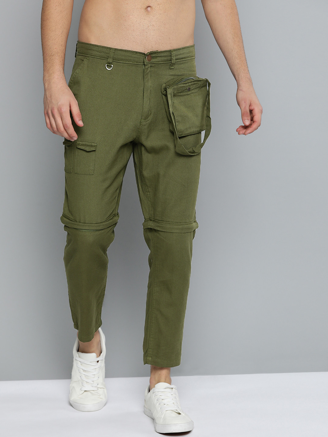 Kook N Keech Men Olive Green Pure Cotton Convertible Regular Fit Solid Trousers