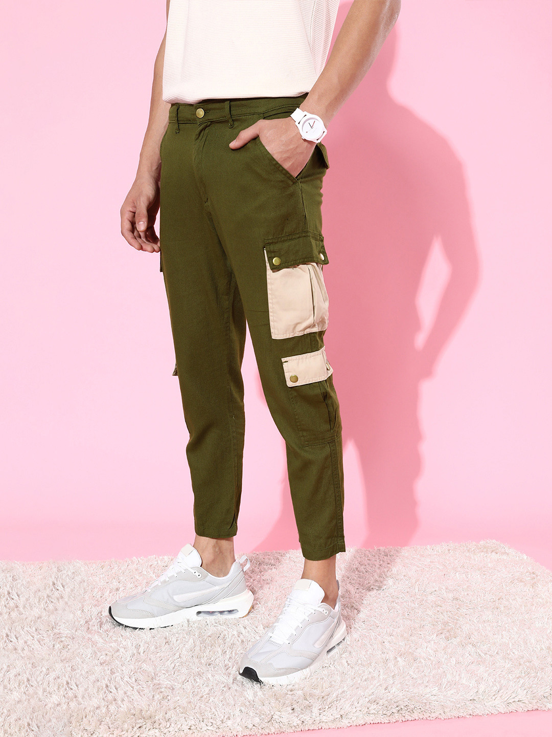 Kook N Keech Men Trendy Olive Solid Updated Cargos