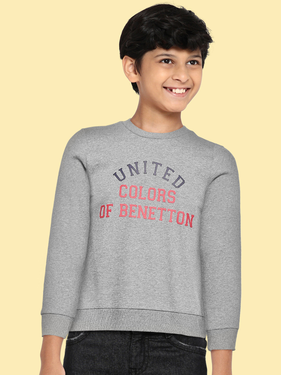 United Colors of Benetton Boys Grey Melange & Red Brand Logo Printed Sweatshirt