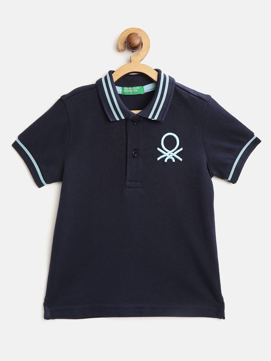 United Colors of Benetton Boys Navy Blue Solid Polo Collar T-shirt with Embroidered Detail