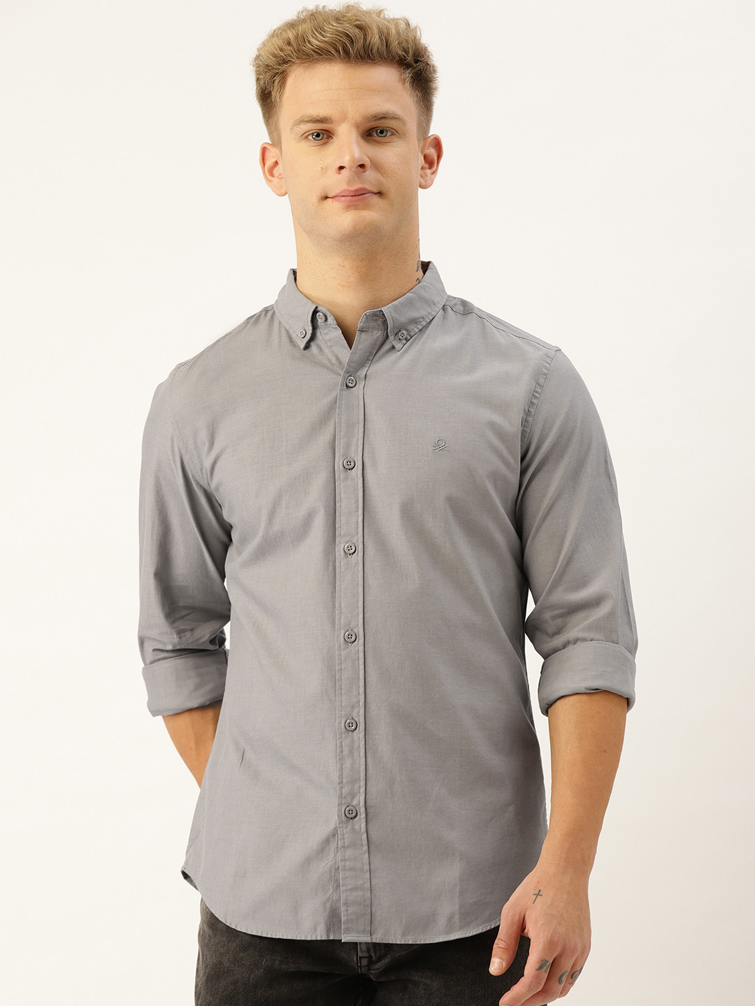 United Colors of Benetton Men Grey Oxford Weave Slim Fit Solid Casual Shirt