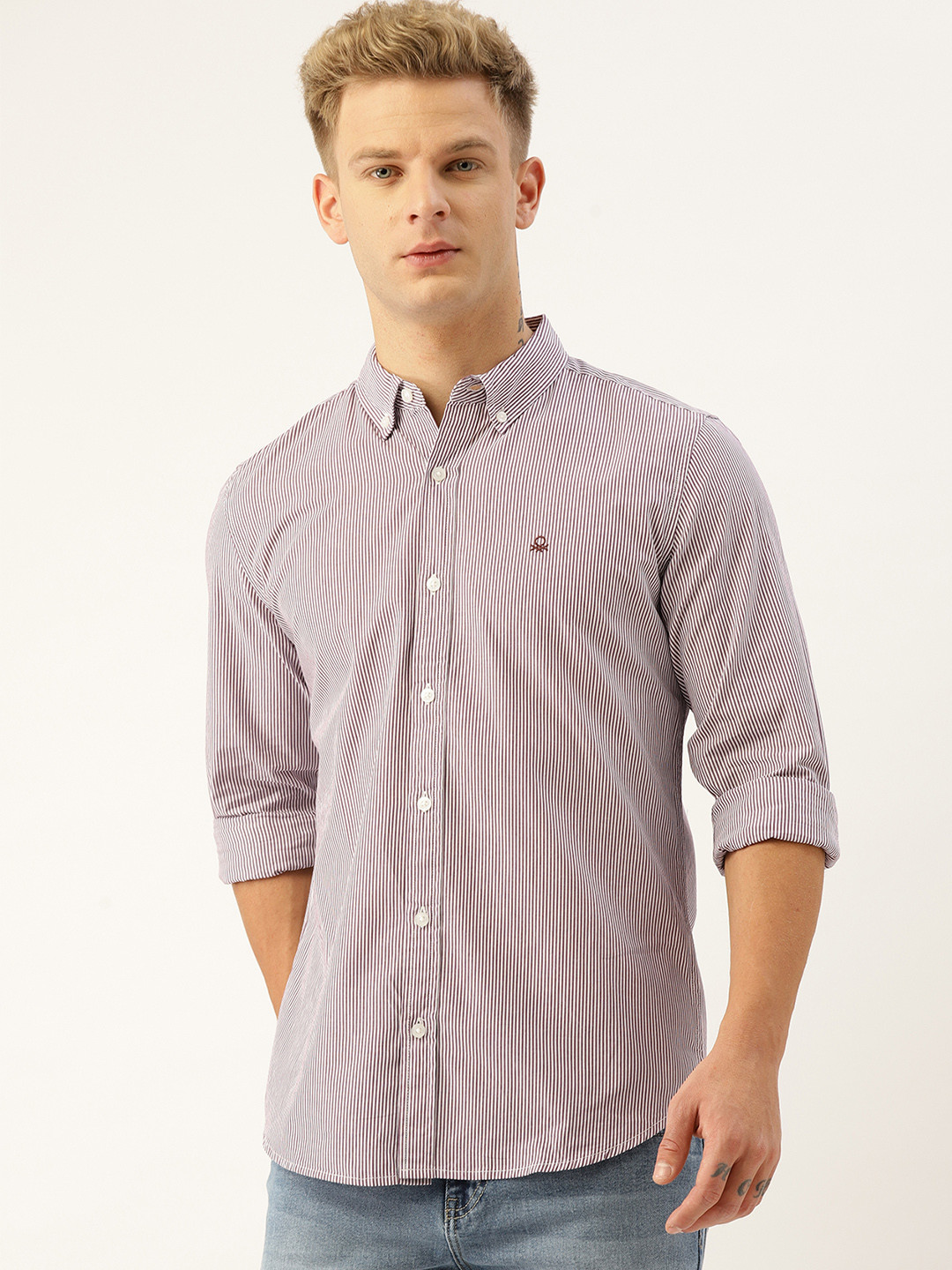 United Colors of Benetton Men Wine-Coloured & White Cotton Slim Fit Striped Casual Shirt