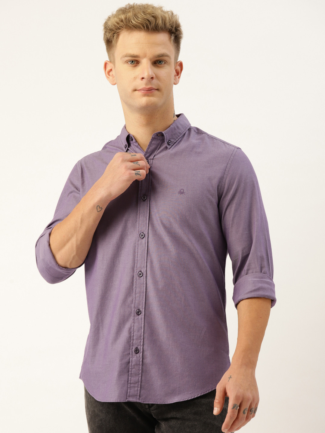 United Colors of Benetton Men Purple Oxford Weave Slim Fit Solid Casual Shirt