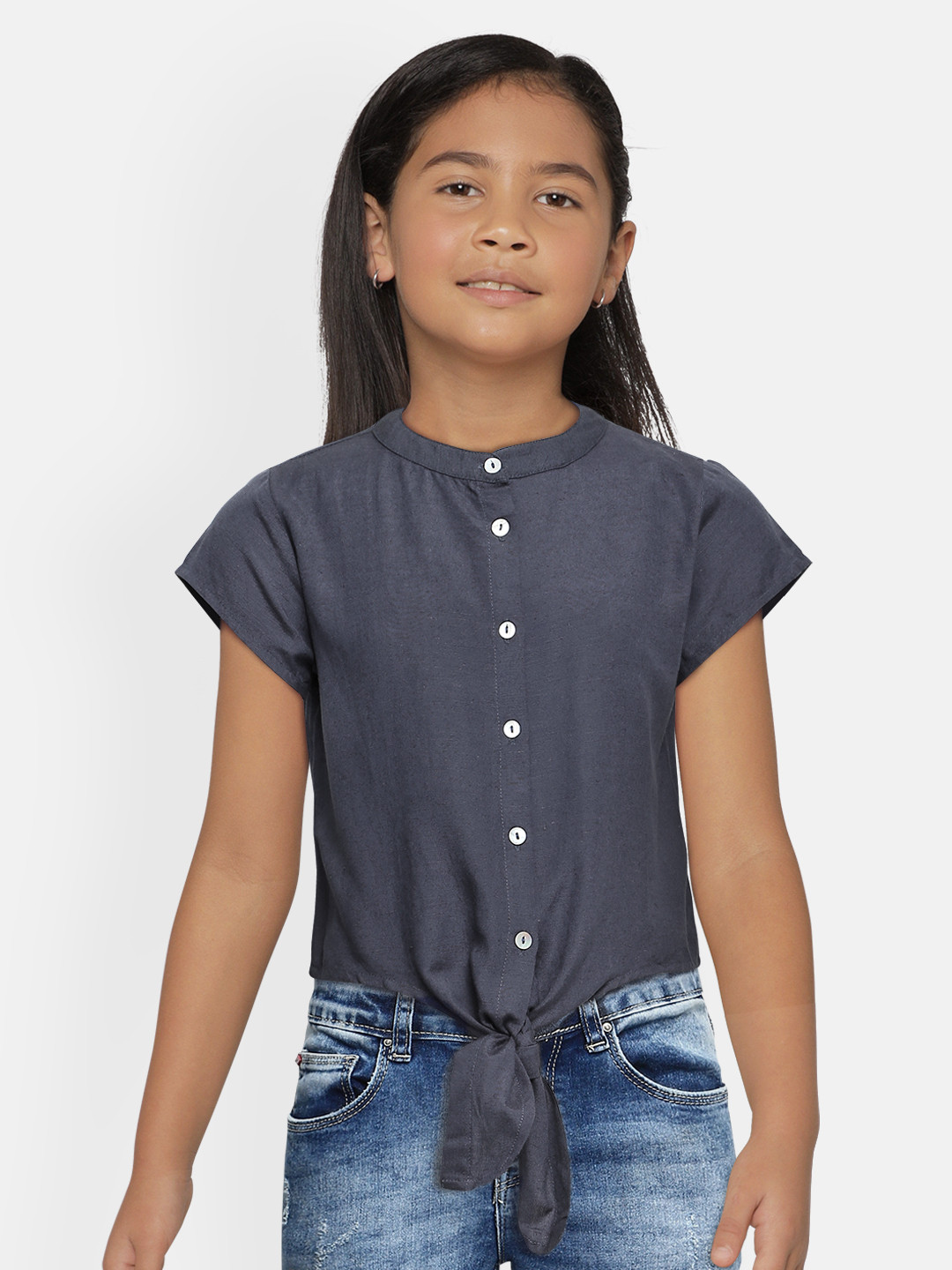 Global Desi Girls Navy Blue Solid Waist Tie-ups Top