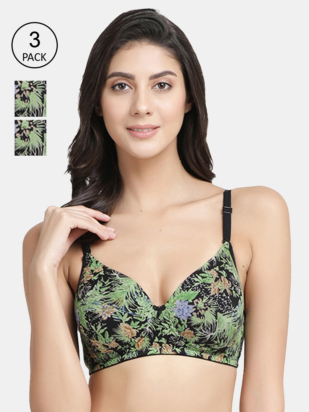 Inner Sense Pack Of 3 Black & Green Organic Cotton Non-Wired Lightly Padded Sustainable T-shirt Bras