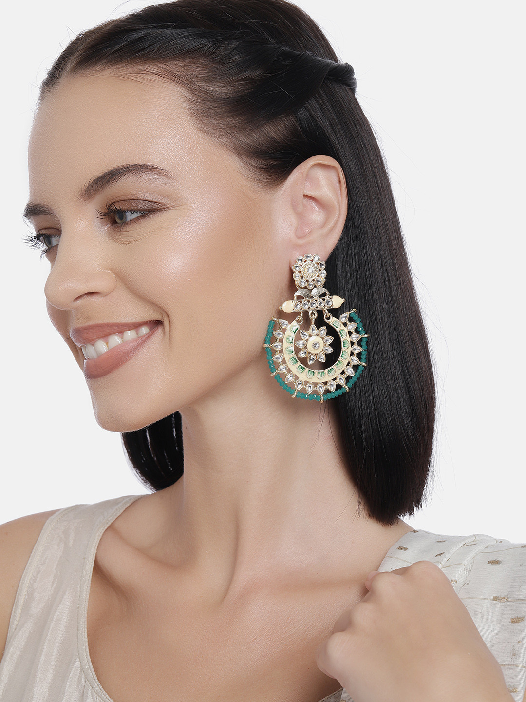 LAIDA Cream-Coloured & Green Gold-Plated Light-Weight Meenakari Handcrafted Drop Earrings