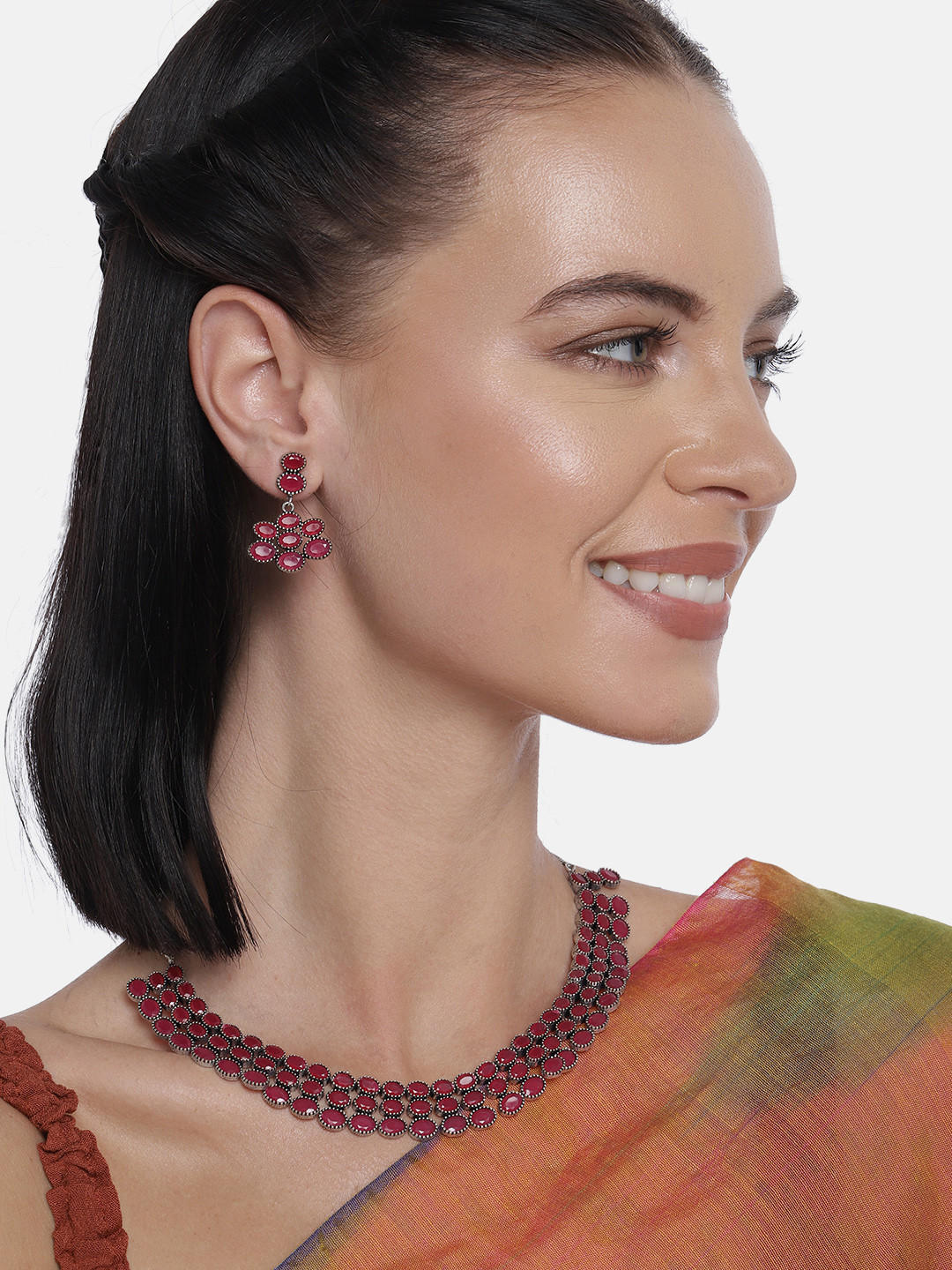 LAIDA Pink Silver-Plated Oxidized Handcrafted Layered Jewellery Set