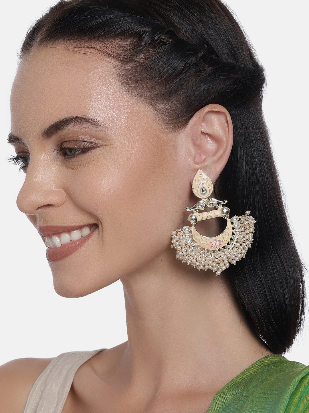 LAIDA White & Gold Plated Handcrafted Pearl Crescent Shaped Chandbalis