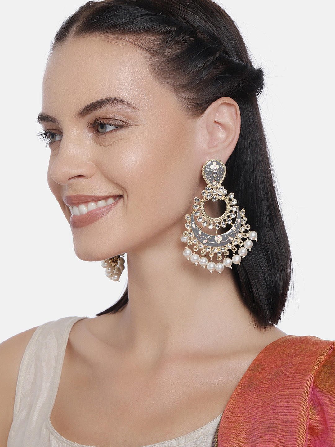 LAIDA Gold-Plated & Grey Handcrafted Crescent Shaped Chandbalis