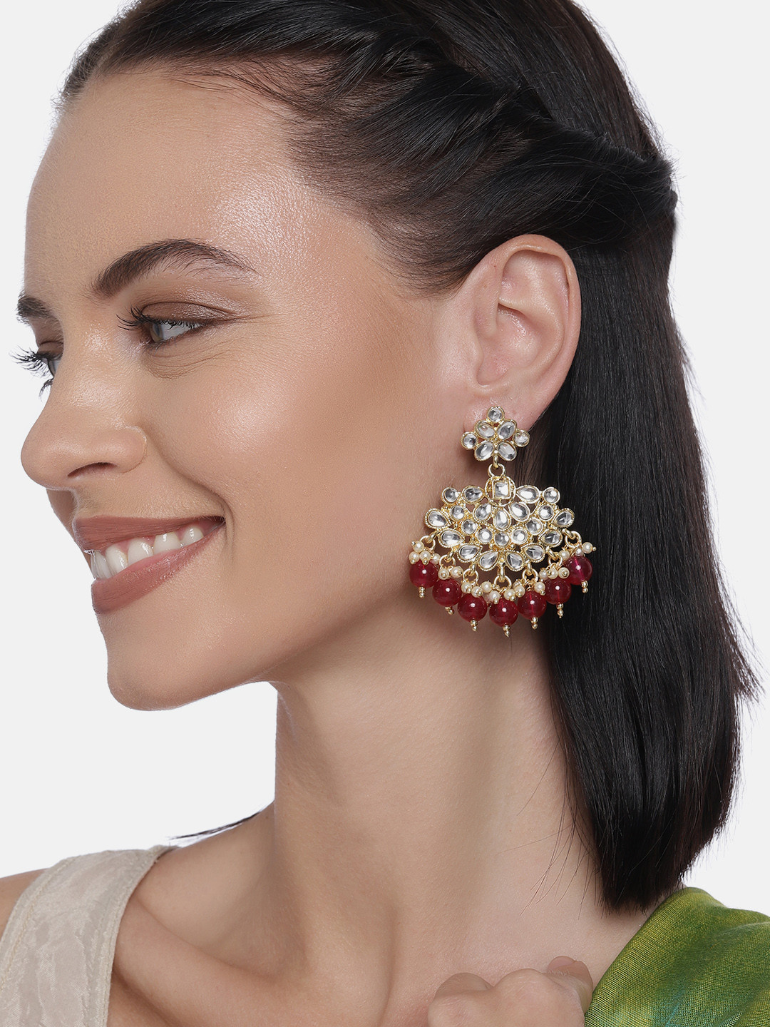 LAIDA White & Maroon Gold Plated Kundan Studded Contemporary Drop Earrings