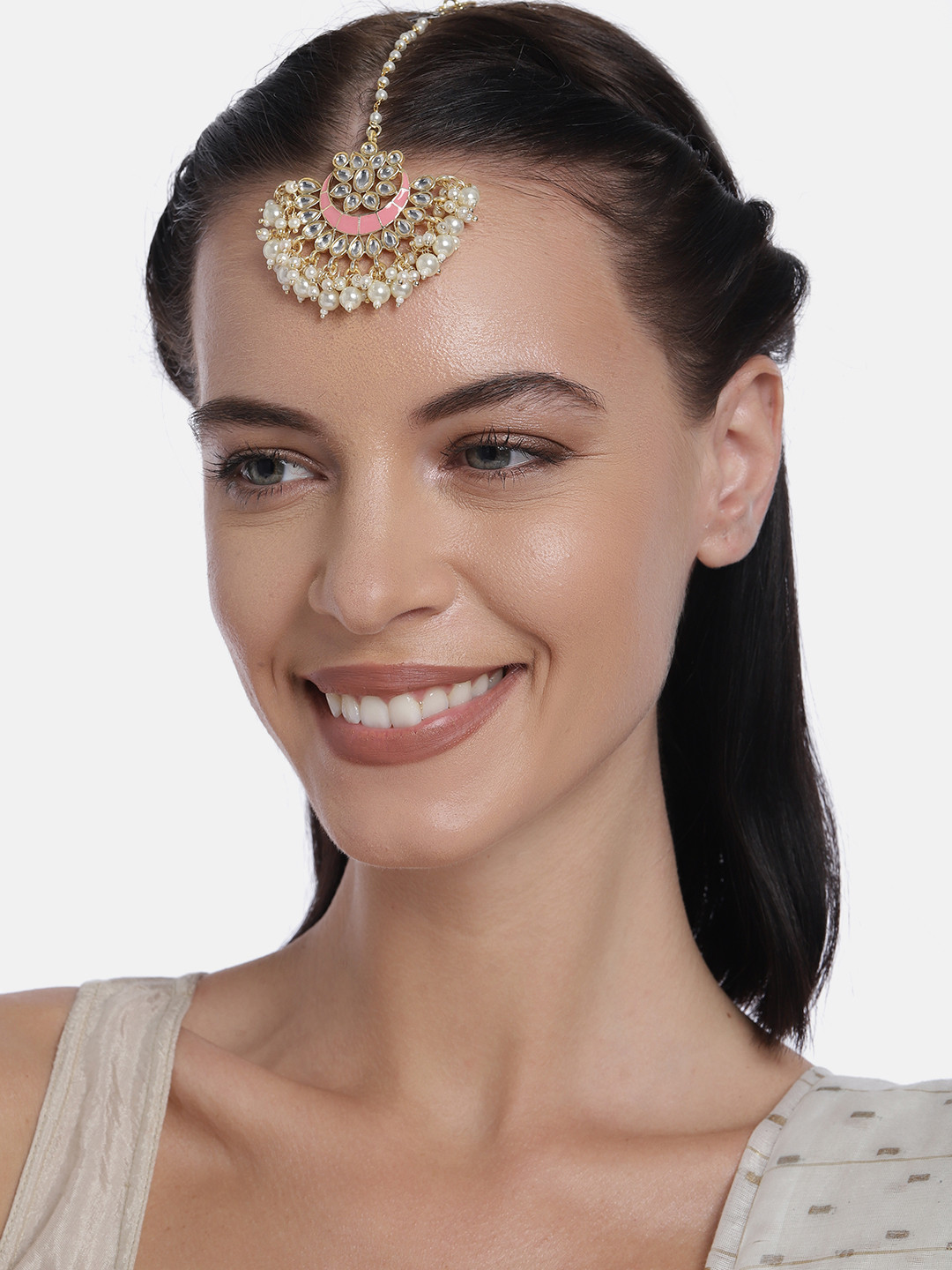 LAIDA Pink Gold Plated Hand Crafted Kundan Studded Maang Tikka