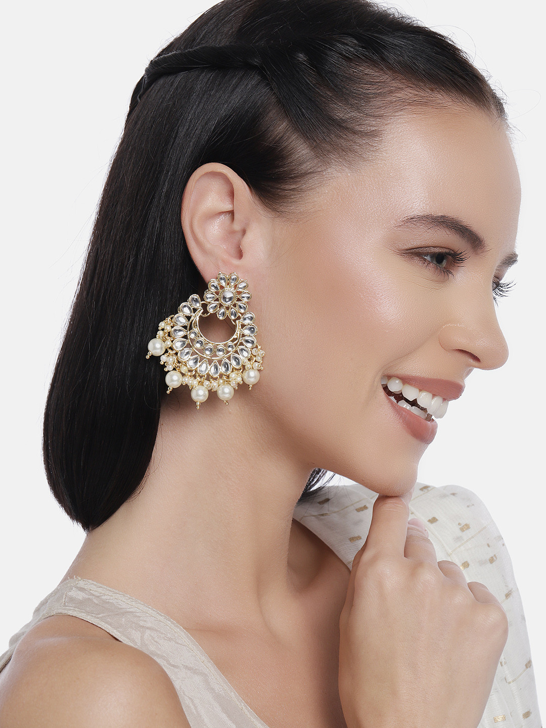 LAIDA Gold Plated Kundan & Pearls Handcrafted Classic Drop Earrings