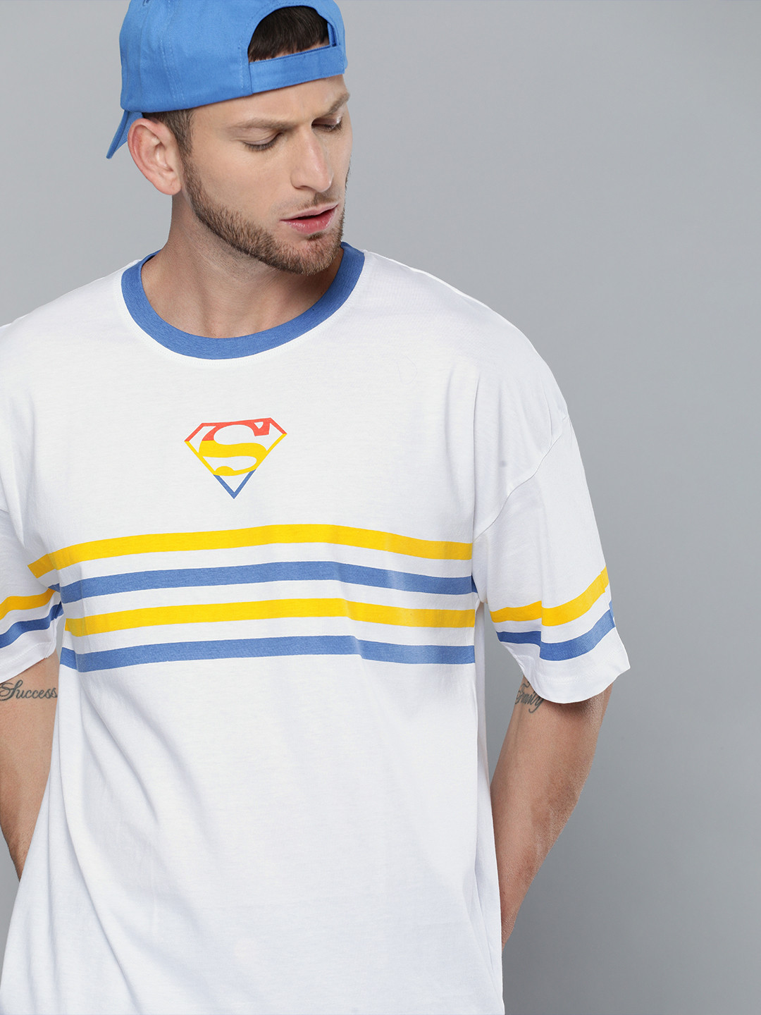 Kook N Keech Superman Men White  Blue Striped Round Neck Pure Cotton Oversized T-shirt