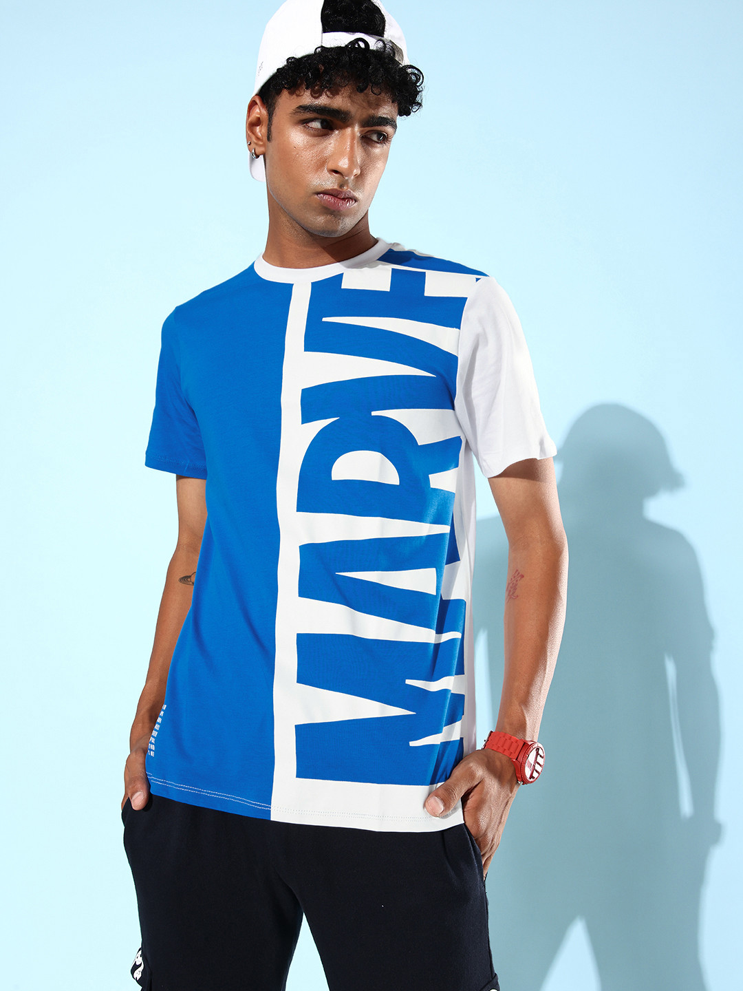 Kook N Keech Marvel Snow White & Blue Back Street Boys Colourblocked Pure Cotton Relaxed T-shirt