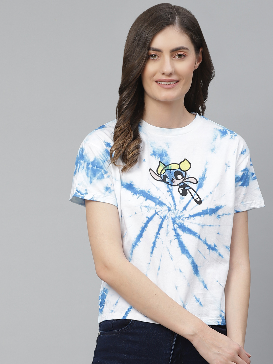 Powerpuff Girls by Kook N Keech Women White & Blue Bubbles Print & Dyed T-shirt