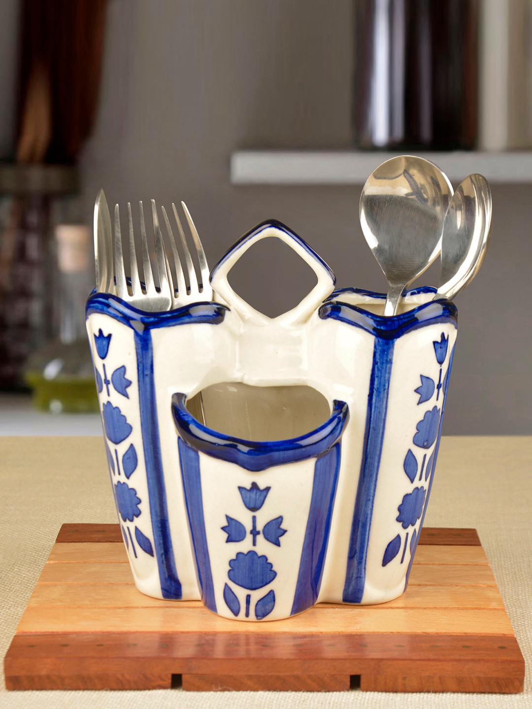 StyleMyWay White & Blue Hand Painted Ceramic Cutlery Holder