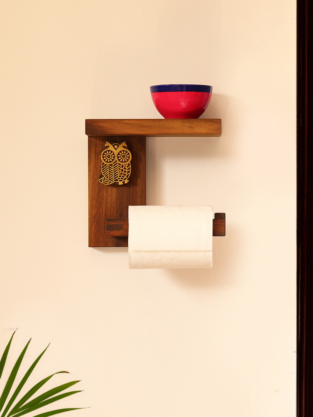 ExclusiveLane Brown Warli Hand-Painted Teak Wooden Tissue Roll Holder