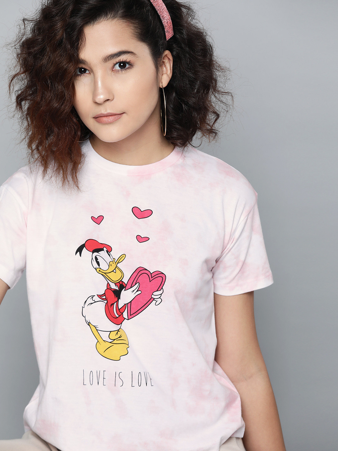 Kook N Keech Disney Women White  Pink Dyed Donald Duck Print  Cotton T-shirt