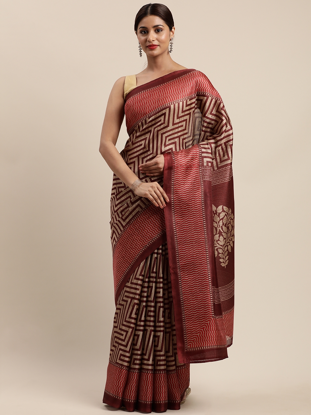 Mirchi Fashion Maroon   Beige Art Silk Printed Saree