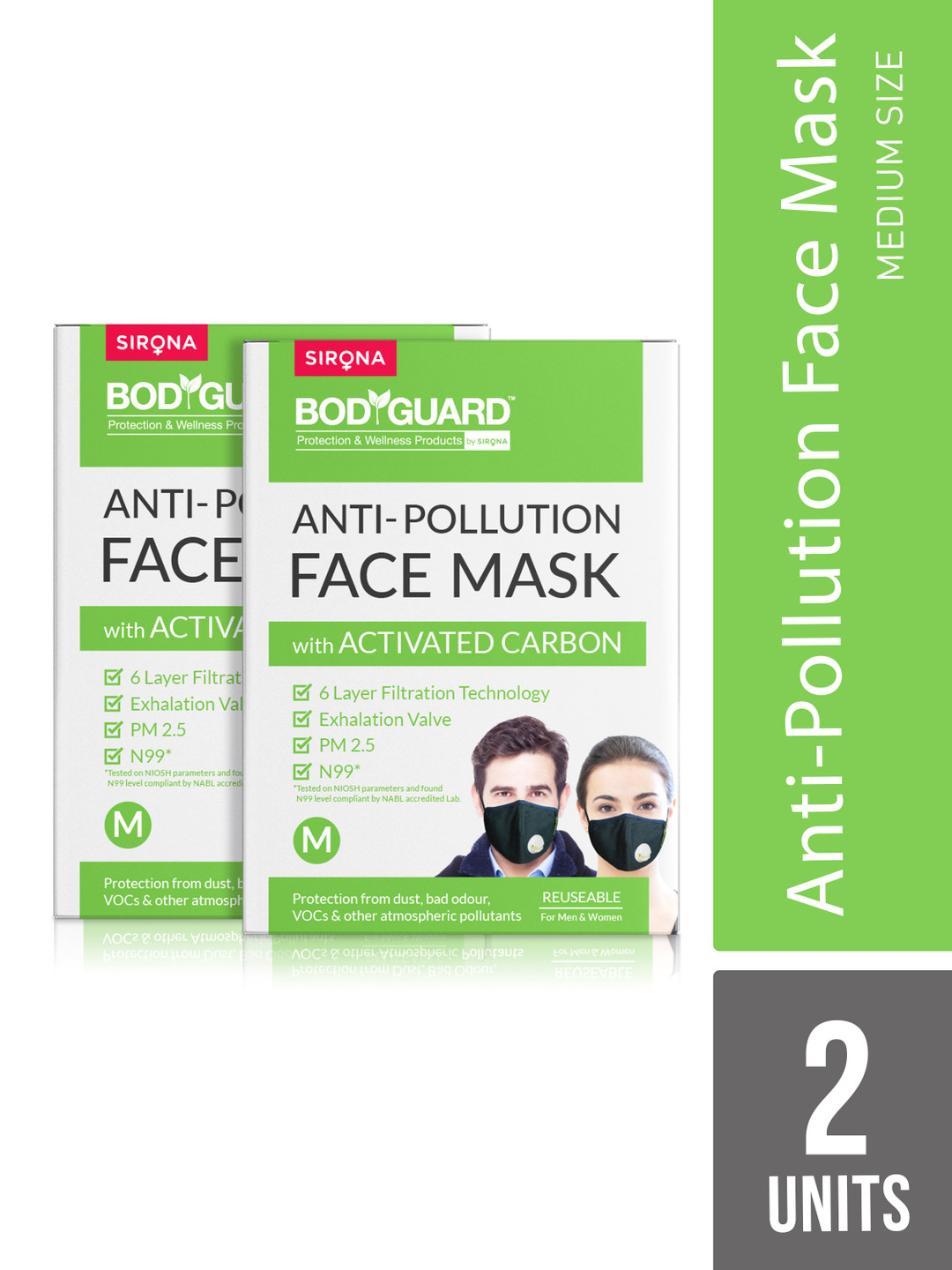 BOD GUARD Unisex Pack of 2 6-Ply Reusable Anti-Pollution N99 PM2.5 Masks