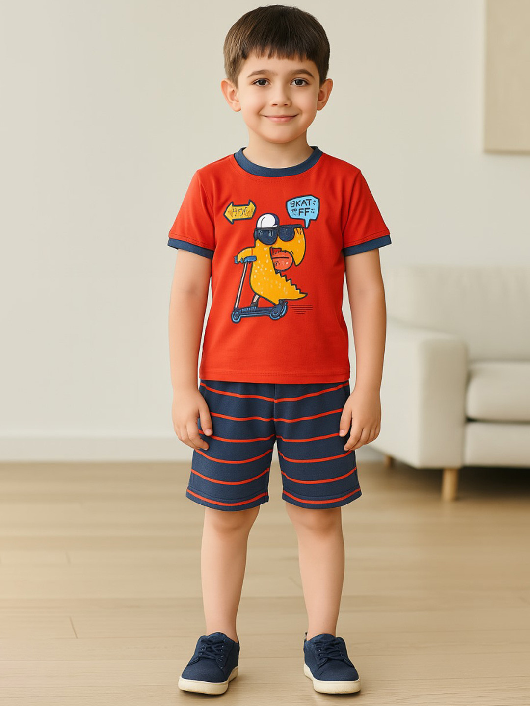 Wish Karo Kids Red & Grey Printed T-shirt with Shorts