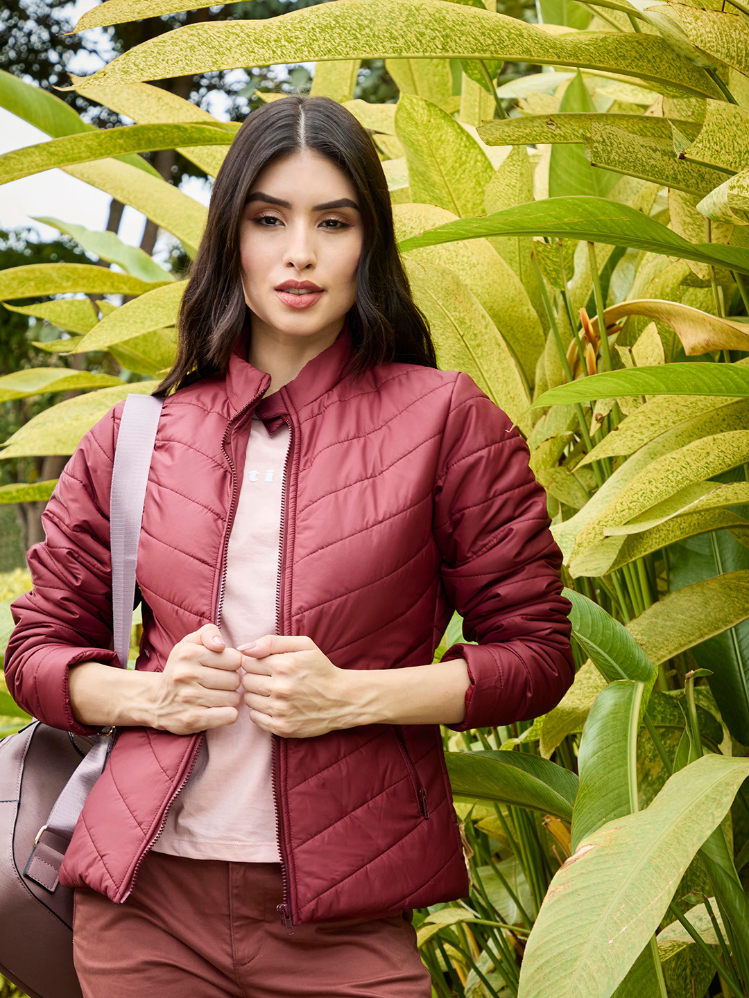 Tokyo Talkies Women Burgundy Solid Padded Jacket