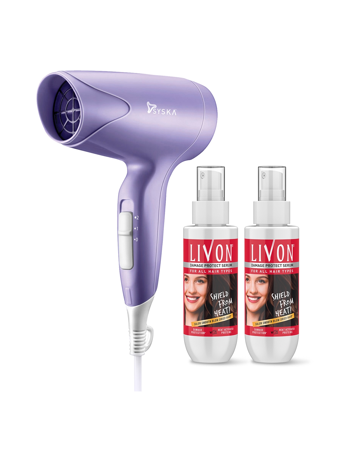 Buy Livon Set Of 2 Heat Protect Hair Serum & Syska Hair Dryer - Hair Serum  for Women 12974254 | Myntra