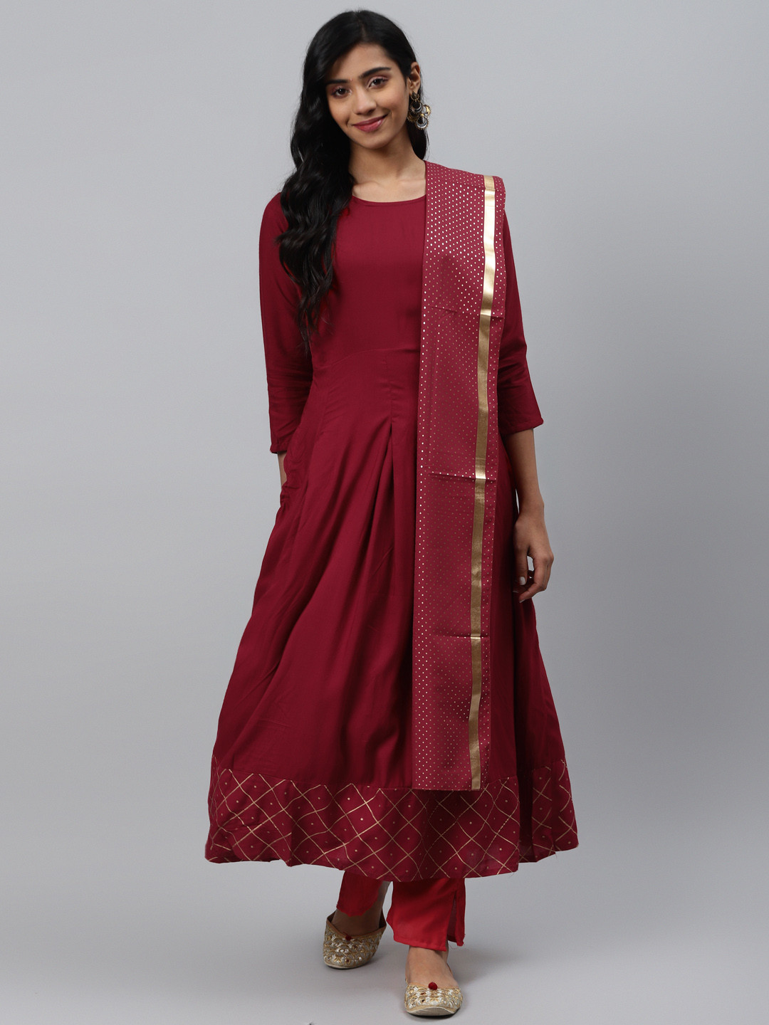 GoSriKi Women Maroon & Red Solid Kurta with Palazzos & Dupatta