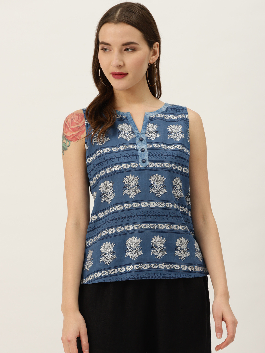 Varanga Women Blue & White Printed Pure Cotton Top
