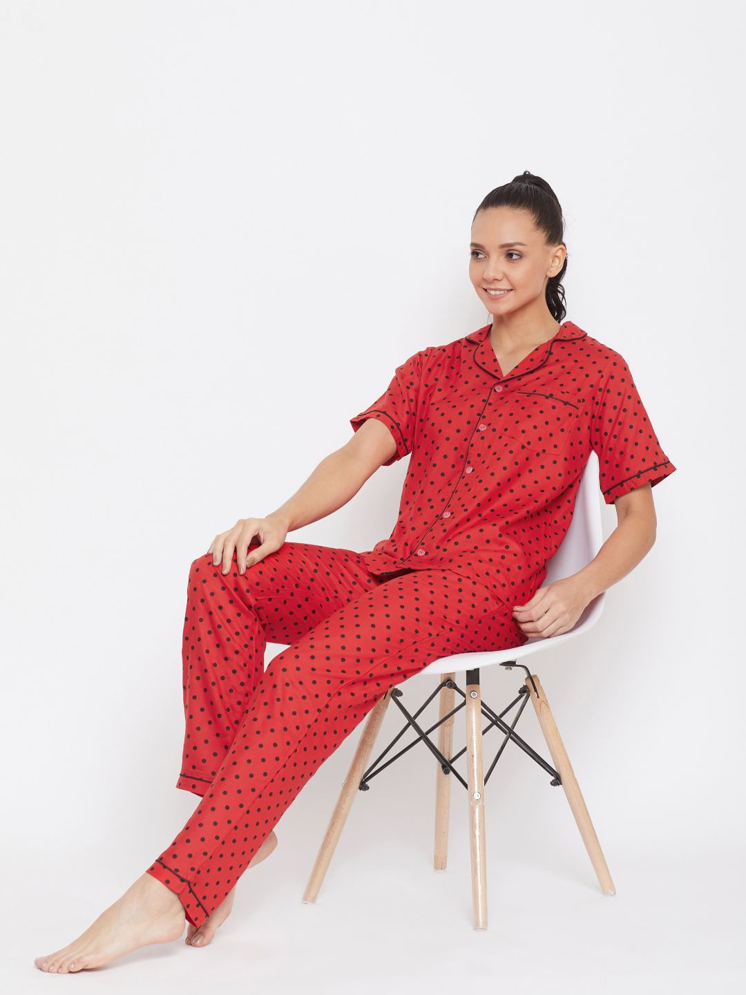 Uptownie Lite Women Red & Black Polka Dots Printed Pyjama Set