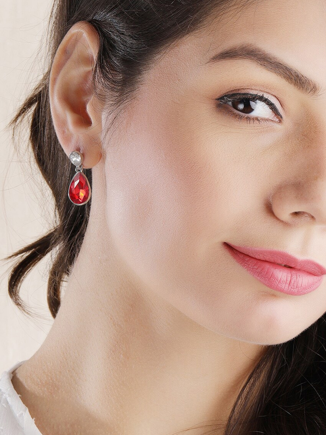 TOKYO TALKIES X rubans FASHION ACCESSORIES Silver-Toned & Red Oval Drop Earrings