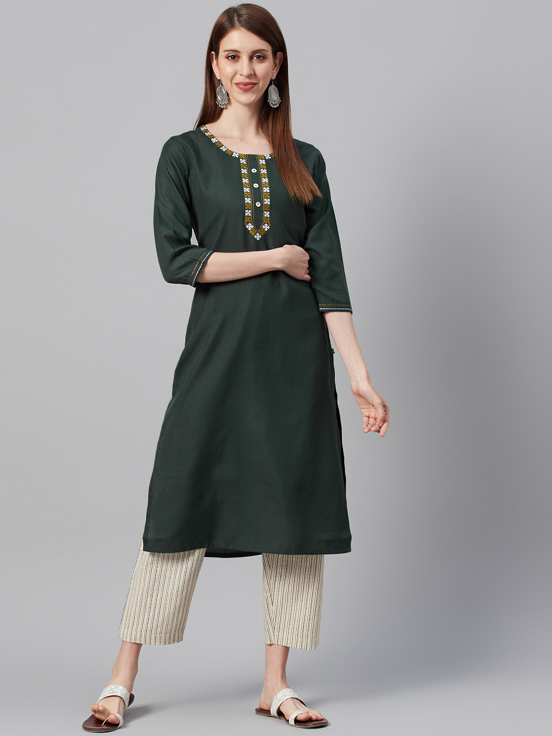 KSUT Women Olive Green & Off-White Embroidered Yoke Design Kurta with Striped Trousers