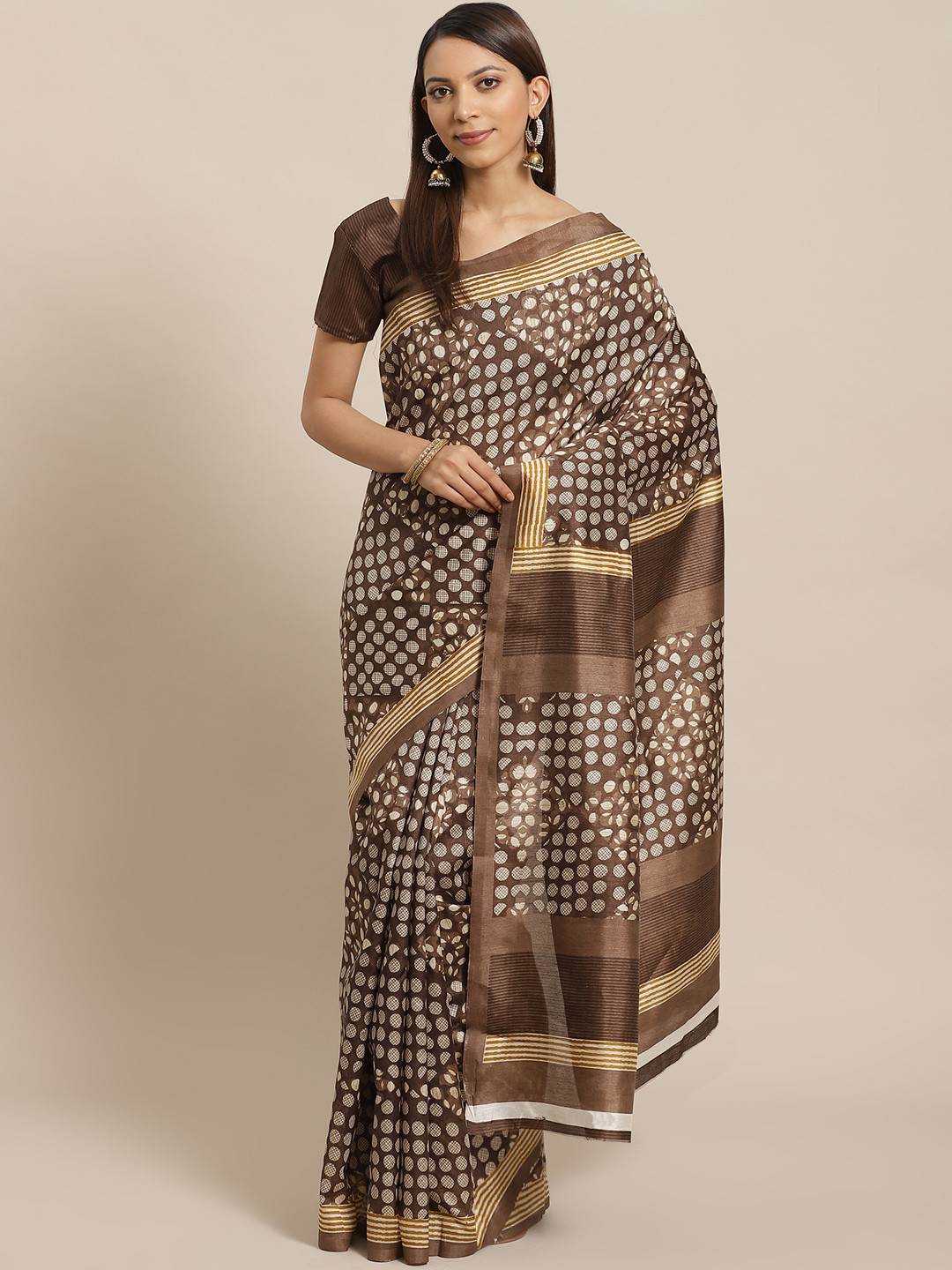 Saree mall Brown & White Printed Bhagalpuri Saree