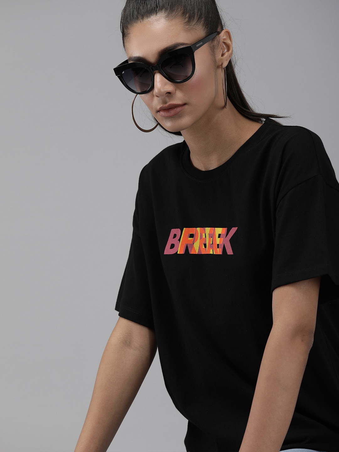 Roadster Women Black Printed Round Neck Longline Pure Cotton T-shirt