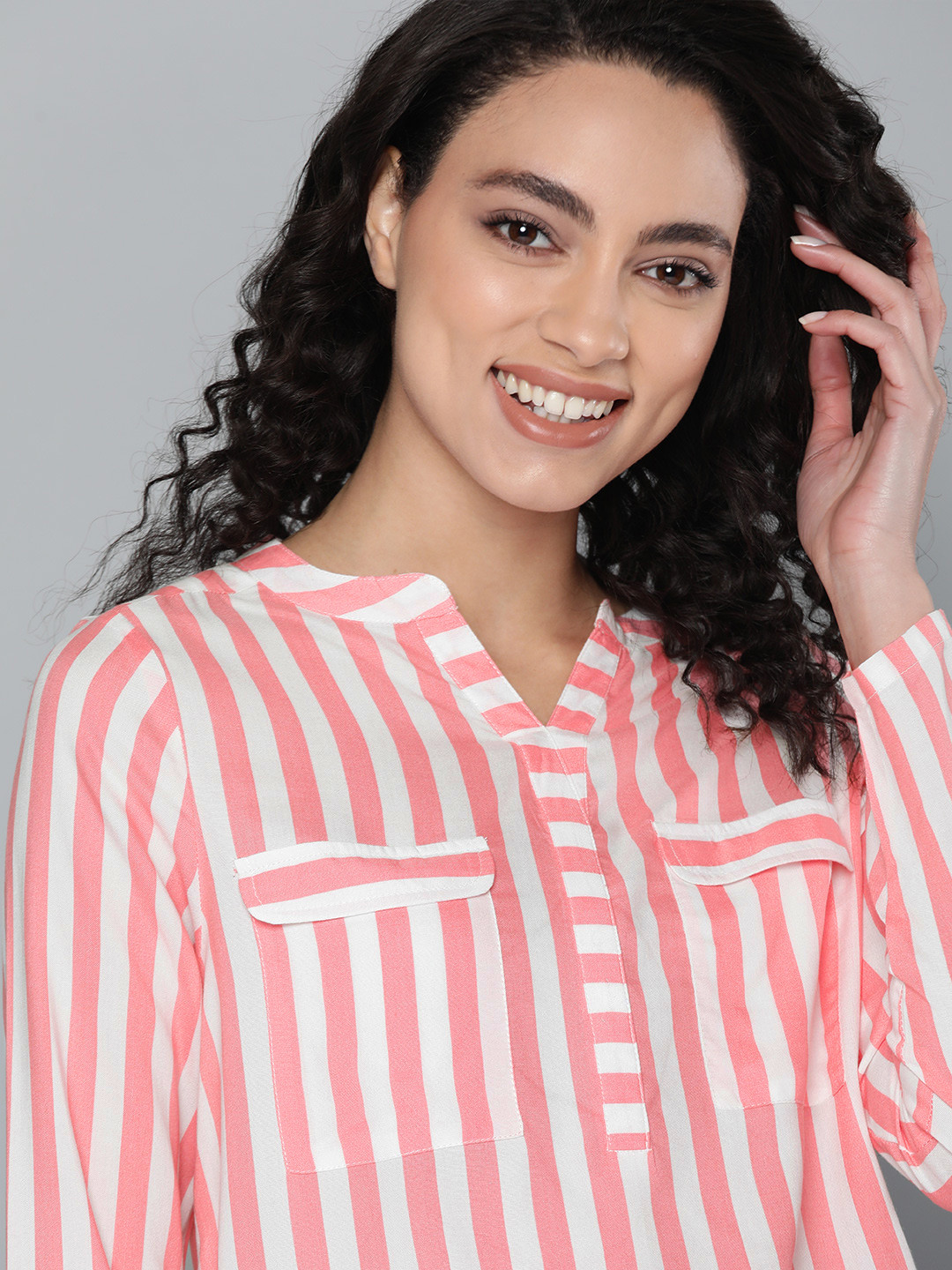 Mast & Harbour Women Coral Pink & White Candy Stripes Shirt Style Top