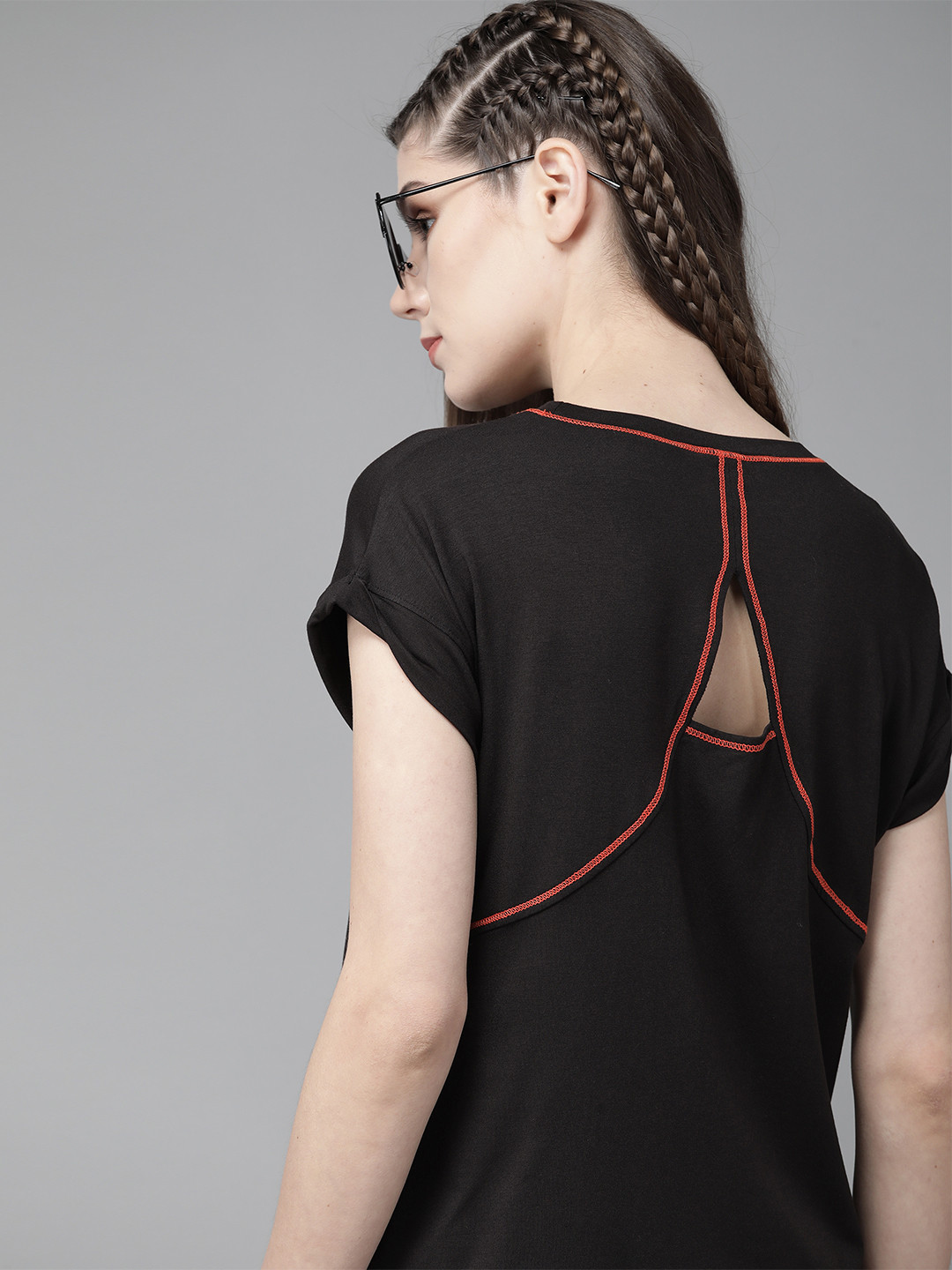 The Roadster Lifestyle Co Women Black Solid Round Neck Anti-Bacterial Styled Back T-shirt