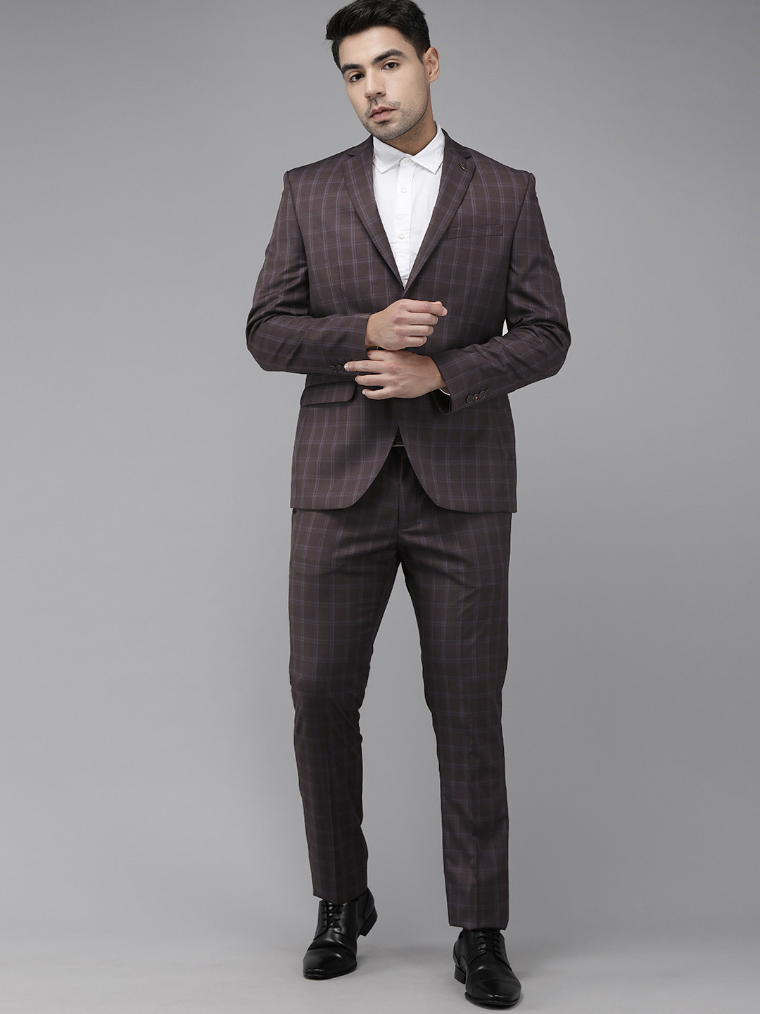 Blackberrys Men Purple & Navy Blue Checked Slim Fit Single-Breasted Formal Suit